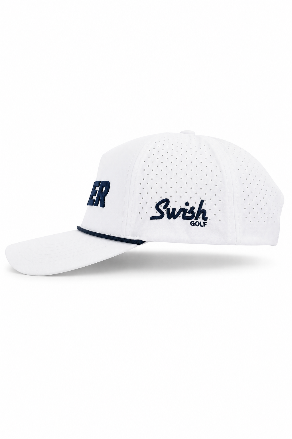White Swish Golf baseball cap with navy blue embroidered lettering on the side, featuring a perforated front panel and a curved brim, shown against a plain white background.