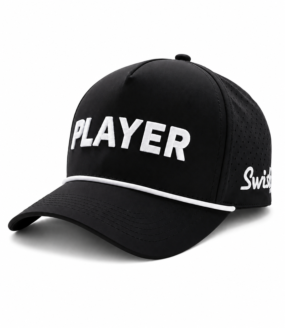 A black baseball cap with 'PLAYER' printed in bold white letters on the front, a white piping detail along the brim, and 'Swish' in white script on the side, shown against a plain white background.