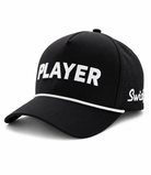 A black baseball cap with 'PLAYER' printed in bold white letters on the front, a white piping detail along the brim, and 'Swish' in white script on the side, shown against a plain white background.