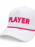 A white baseball cap with bright pink embroidered text reading 'PLAYER' on the front and a matching pink stripe along the brim, shown on a clean white background.