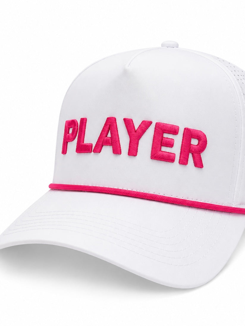 A white baseball cap with bright pink embroidered text reading 'PLAYER' on the front and a matching pink stripe along the brim, shown on a clean white background.