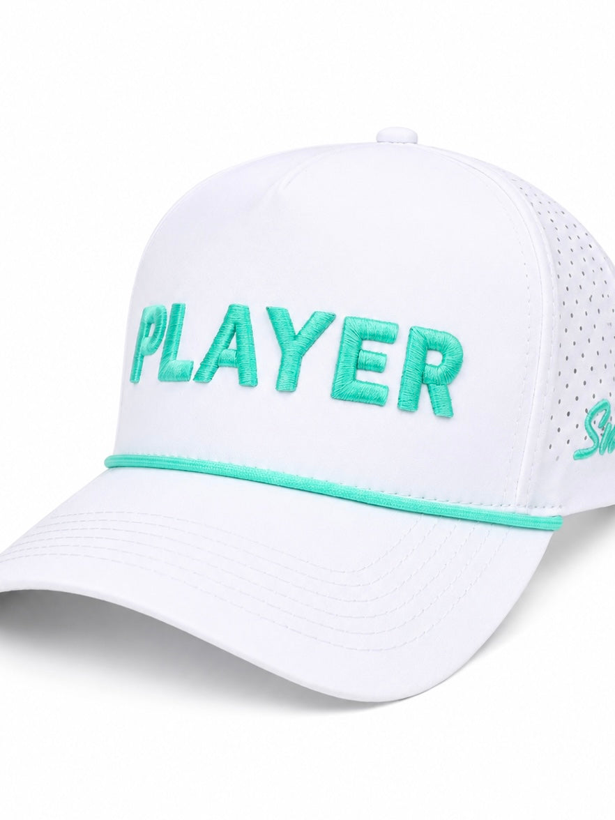 A white baseball cap with mint green embroidered lettering on the front that reads 'PLAYER' and a matching mint green accent line along the brim.