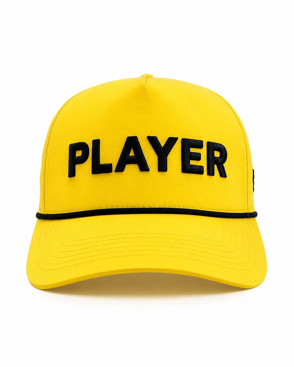 A bright yellow baseball cap with the word 'PLAYER' embroidered in bold black letters across the front, with a thin black horizontal stripe under the brim.