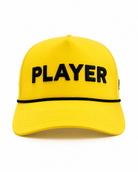 A bright yellow baseball cap with the word 'PLAYER' embroidered in bold black letters across the front, with a thin black horizontal stripe under the brim.