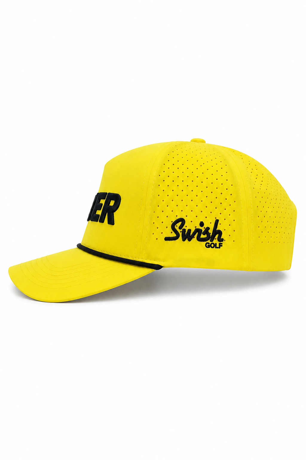 A bright yellow Swish Golf baseball cap with black embroidered lettering on the front and side, featuring a perforated back panel and a curved brim, shown against a plain white background.